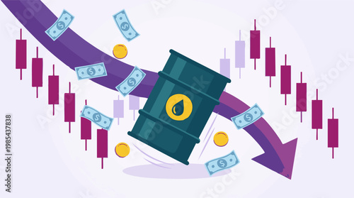Crude Oil Market Crash with Falling Barrel, Money, and Candlestick Chart