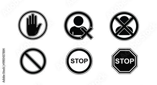 Various prohibition and warning signs displayed in a black and white silhouette