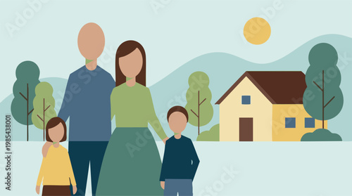 Happy family with two children in front of their modern home, flat illustration