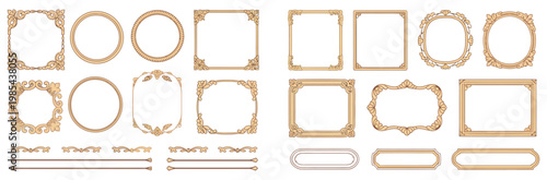 Collection of ornate gold frames and decorative borders with vintage classic style, including baroque scroll dividers and elegant filigree elements for certificates or invitation design, luxurious