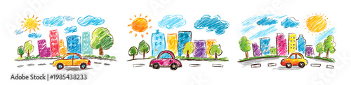 Car on city road child drawing. Automobile street traffic cityscape landscape felt-tip pens kids hand drawn, doodle auto drive vehicle transport set isolated vector illustration
