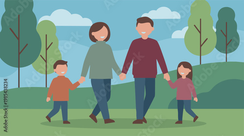 Happy family of four walking hand in hand in green park illustration