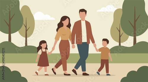 Family walking hand-in-hand in a park, flat minimalist illustration
