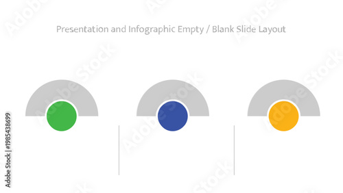 Three separate semicircular grey shapes each containing a brightly colored circle for data visualization
