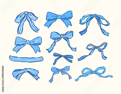 Coquette Blue Ribbon Bow Set Whimsical Hand Drawn Sketchy collection