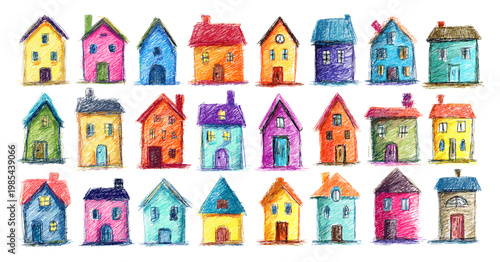 Crayon houses. Kids hand drawn cartoon house, suburban home childish color crayons doodle drawing countryside village small town building pencil sketch isolated vector illustration