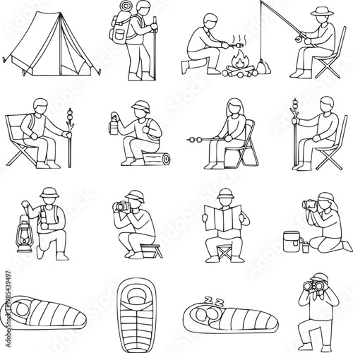 flat design camping and outdoor activities illustration set with diverse people and equipment