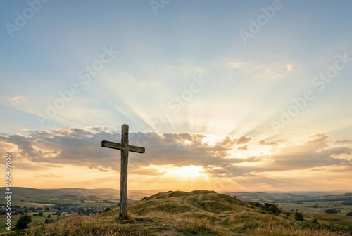 Cross on Hill at Sunrise – Faith, Hope and Spiritual Inspiration Concept