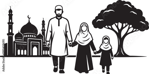 Muslim family, Islamic vector, black and white illustration, family in front of mosque