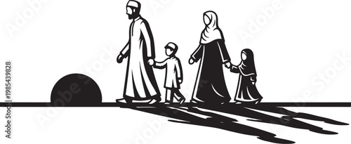 Family walking, Muslim family, parents and kids, black and white vector, simple illustration, flat design