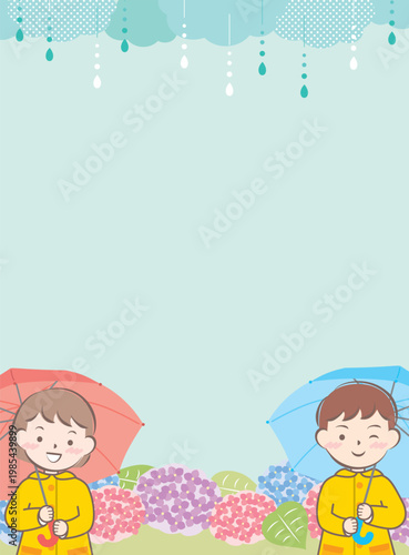 傘をさすレインコートの子供たちと紫陽花のフレーム