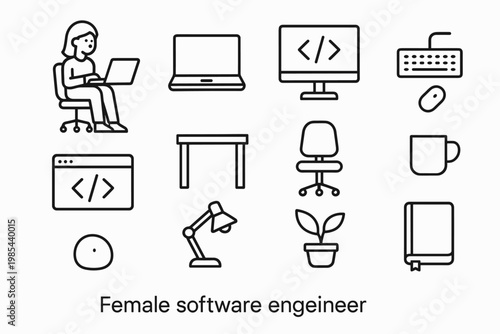 Female Coder Icon Set. Female software engineer at work. Line outline icon set of Female software engineer at