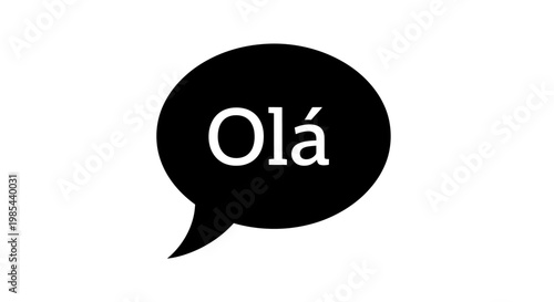 A black speech bubble with the Portuguese greeting Olá on a white background