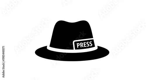 A black press hat with a white band and lettering on a plain white background