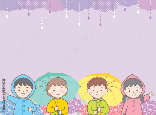 傘をさすレインコートの子供たちと紫陽花のフレーム