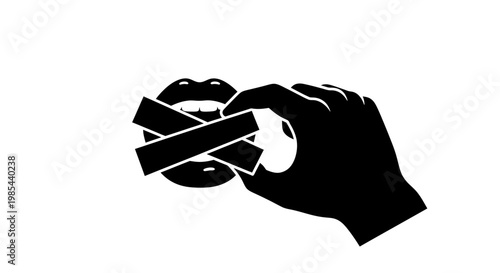 A black and white illustration of a hand covering a mouth with a band across it