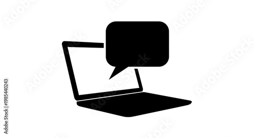 A black laptop with a speech bubble on a white background, symbolizing online communication and conversation.
