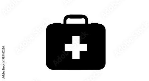 A simple black medical kit icon with a white cross on a plain background
