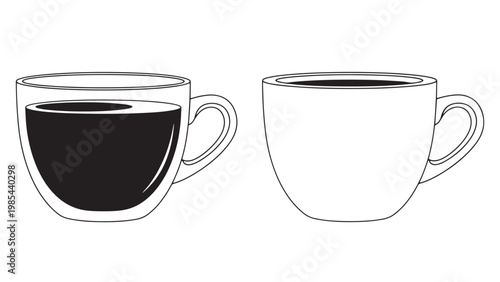 Minimalist Black And White Line Art Illustration Of Two Coffee Cups, One Full With Dark Beverage And One Empty, Ideal For Cafe Menus.