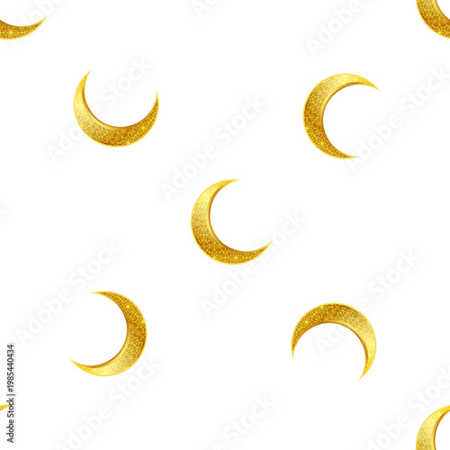 Golden crescent moons pattern with Islamic geometric design isolated on transparent background for Eid al Adha