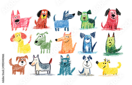 Dogs hand drawing. Funny puppy child crayon drawn, cute dog adorable baby pet kids doodle color pencil art home animal puppies domestic pets canine set isolated vector illustration