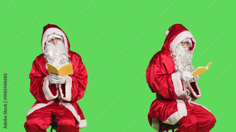Fototapeta premium Santa reads literature sitting on chair, man wearing festive red costume while he is reading poetry book over greenscreen backdrop. Father christmas enjoying fairytale story, winter holiday.
