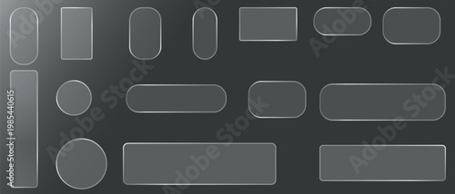Liquid glass vector buttons and round circle in different shapes. Liquid glass collection of transparent, rounded buttons and shapes, Transparent glass morphism elements set.
