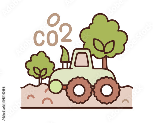 Funny cartoon farmer driving tractor in green eco farm illustration