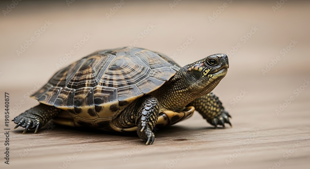 Obraz premium Small turtle on wooden surface.