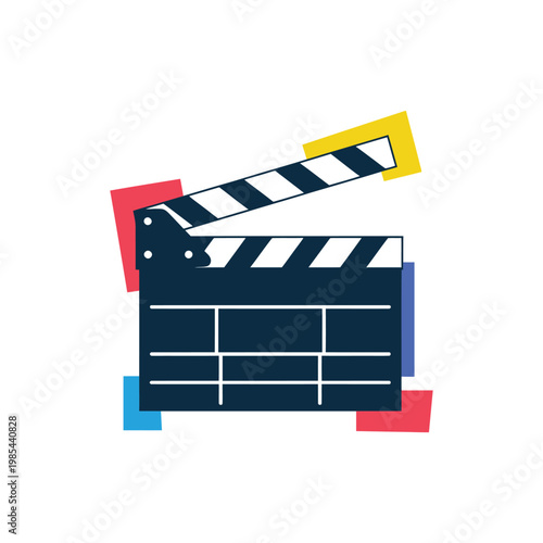 Tableau sur toile Film clapper board with colorful abstract shapes behind it cinematic production equipment for creating video content and shooting footage