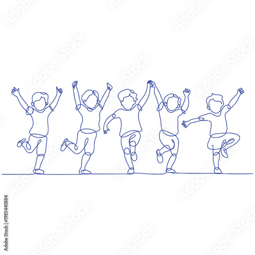 Group of five children dancing and jumping with joy in a continuous line drawing style playful energetic movement happy celebration.