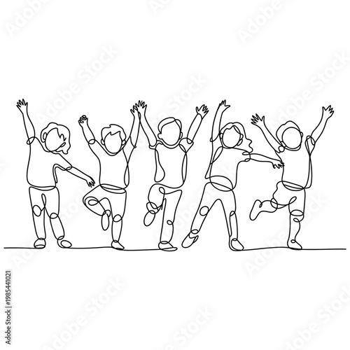 Five children dancing and jumping in a continuous line drawing style playful energetic movement happy celebration childhood fun.
