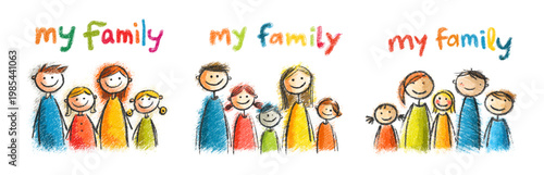 Family crayon drawing. Kids with parents childish doodle hand draw, mom dad son daughter cute girl happy boy families children cartoon characters set isolated vector illustration
