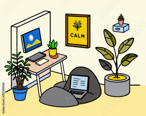 Vector illustration of a cozy home office workspace with plants bean bag chair laptop and calm atmosphere in flat line art style