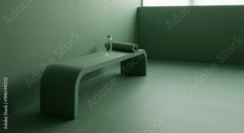 A yoga mat and a bottle of water sit on a minimalist bench in a serene, green-toned room, suggesting a space prepared for a calming workout or meditation session.