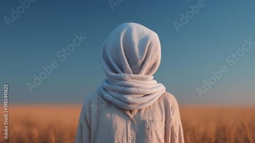 A person stands in an open field with their face fully wrapped in a scarf, concealing identity. Image represents anonymity, privacy, and protection in a minimalist outdoor setting.