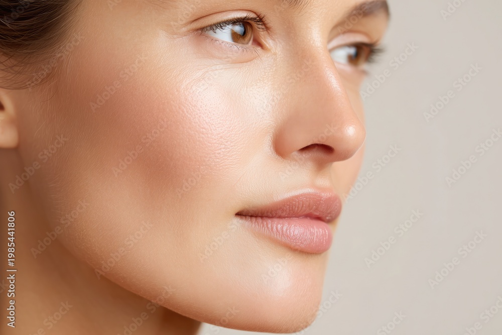 Obraz premium Close-up of young caucasian female with smooth skin and natural makeup