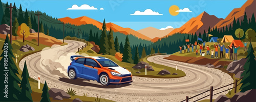 High-speed rally car kicking up dust on a winding mountain road, cheered by enthusiastic spectators from the forest hills.