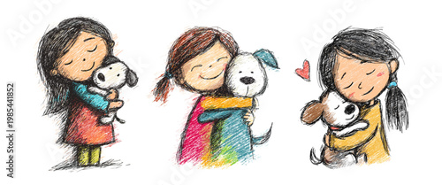 Girl hugging puppy. Kid lady adoption little dog, child crayon hand drawn children embrace pet owner cuddle best friend love animal companion dogs pets isolated vector illustration