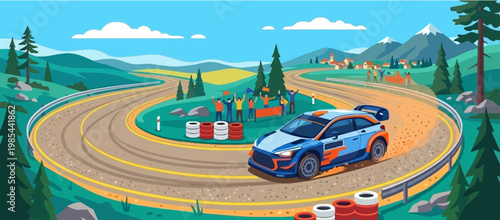 Dynamic rally car racing through a winding mountain road with cheering spectators in a vibrant outdoor landscape illustration.