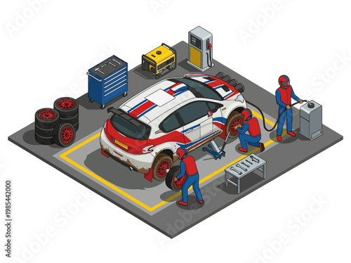 Dynamic semi-isometric rally race pit stop scene featuring a dedicated team performing swift tire changes and refueling a dirty car.