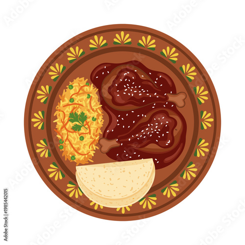 Traditional mexican dish with mole sauce, rice, and tortillas