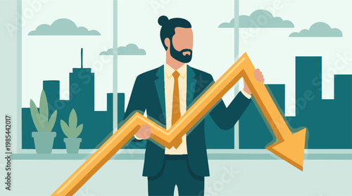 Businessman holding a declining arrow graph illustrating economic downturn