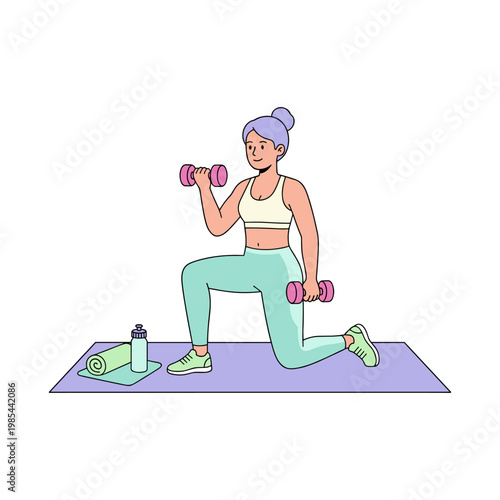 Woman in green leggings lifting pink dumbbells on a purple yoga mat