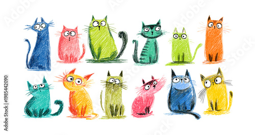 Hand drawn cats. Funny kitten colorful fluffy with big eye, cute cat child drawing crayon color pencil art kitty home pet domestic animal sit poses set isolated vector illustration