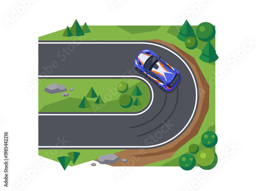 Top-down illustration of a vibrant rally car navigating a sharp hairpin turn on a winding race track amidst green natural landscape