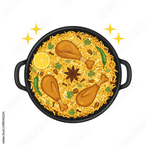 Yellow chicken biryani in a black pot with lemon and spices