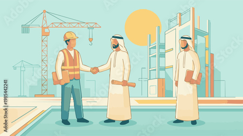 Construction engineer and Middle Eastern businessmen shaking hands at site