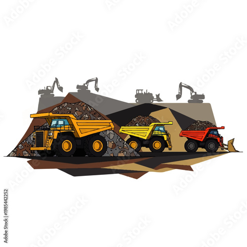 Mining trucks and excavators in a construction site, hauling materials and earth