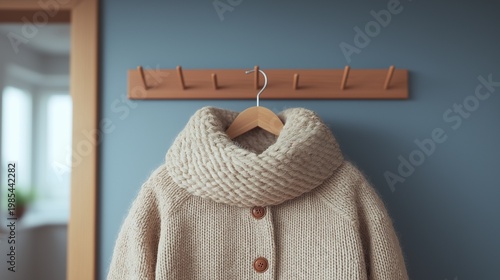 A soft knitted sweater hangs neatly on a wooden wall hook in a minimal home interior. Scene represents cozy living, organization, and seasonal comfort.